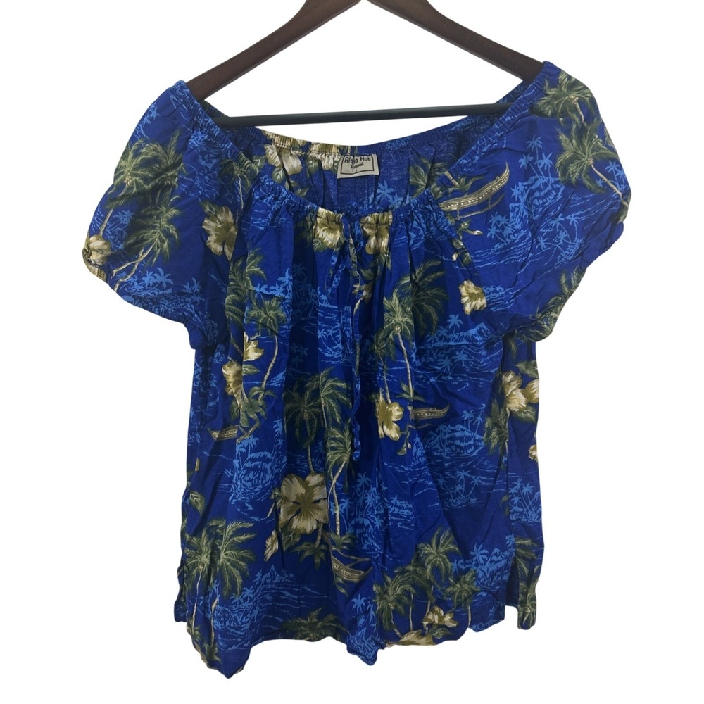Aloha Hut Hawaii Women L Blue Tropical Print Blouse Short Off Shoulder